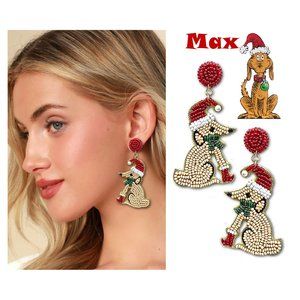 Max The Grinch Dog Seed Bead Christmas Holiday Earrings NEW